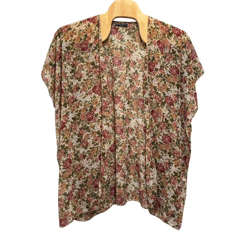 Brandy Melville Fall Brown Pink Floral Print Kimono Top Short Sleeve Sheer Small
